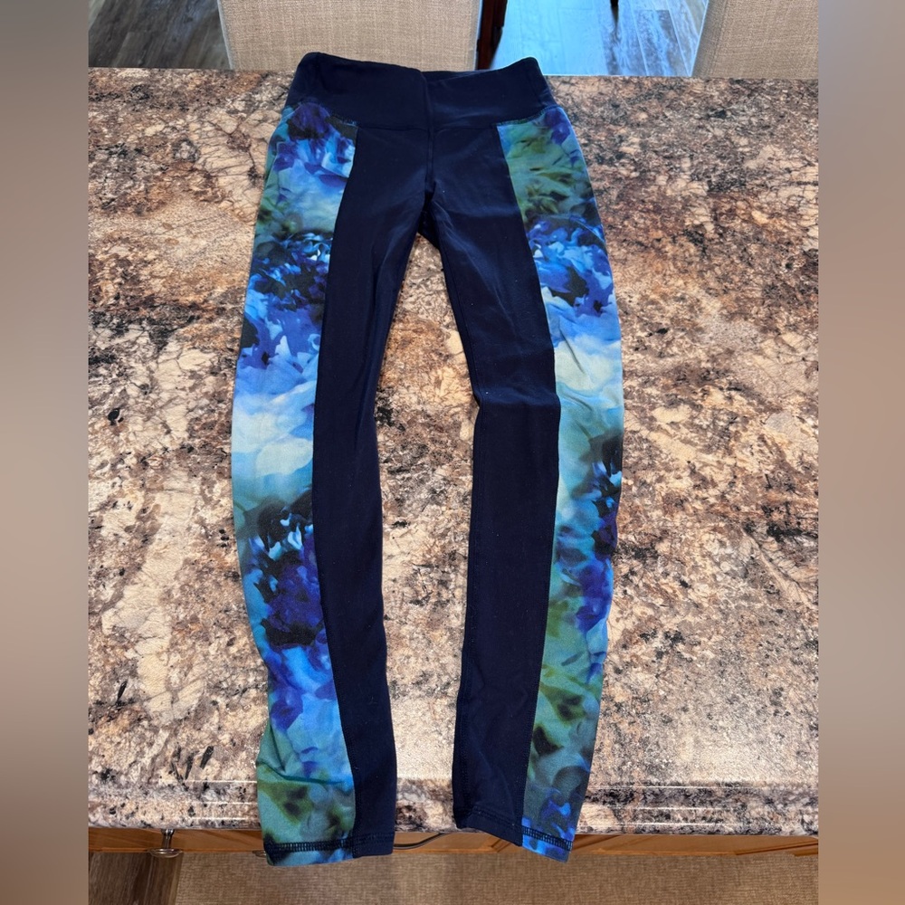 Athleta Navy Leggings with Blue & Green Floral Side Panels